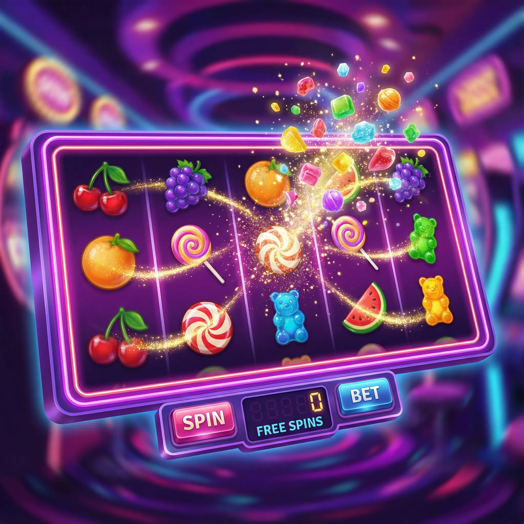 Caça-níqueis coloridos com tema de doces no stakebet